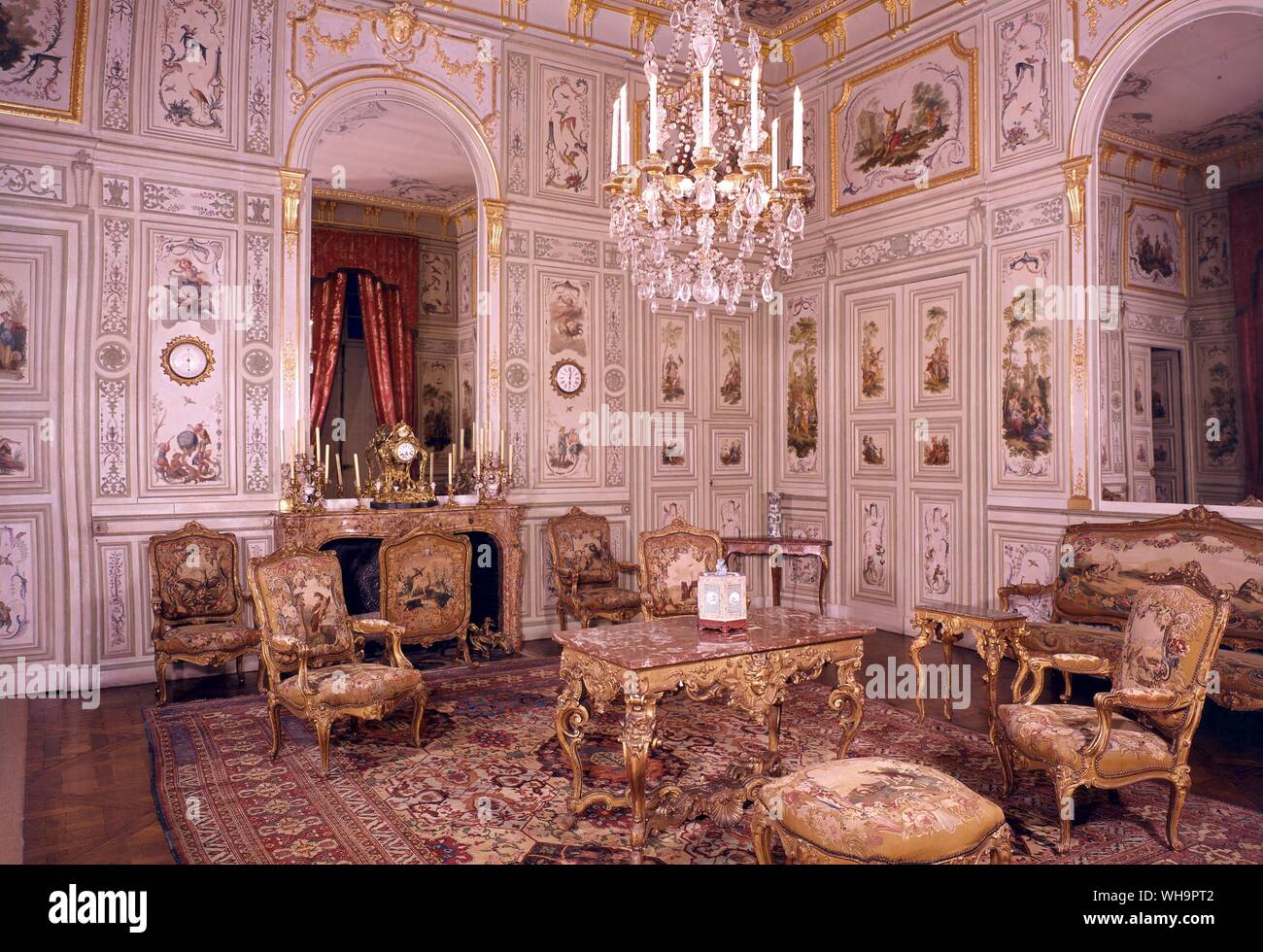 The boiseries were already at Champs when Madame de Pompadour moved in, but she employed Christophe Huet to add the chinoiseries similar to those he had used at Chantilly Stock Photo