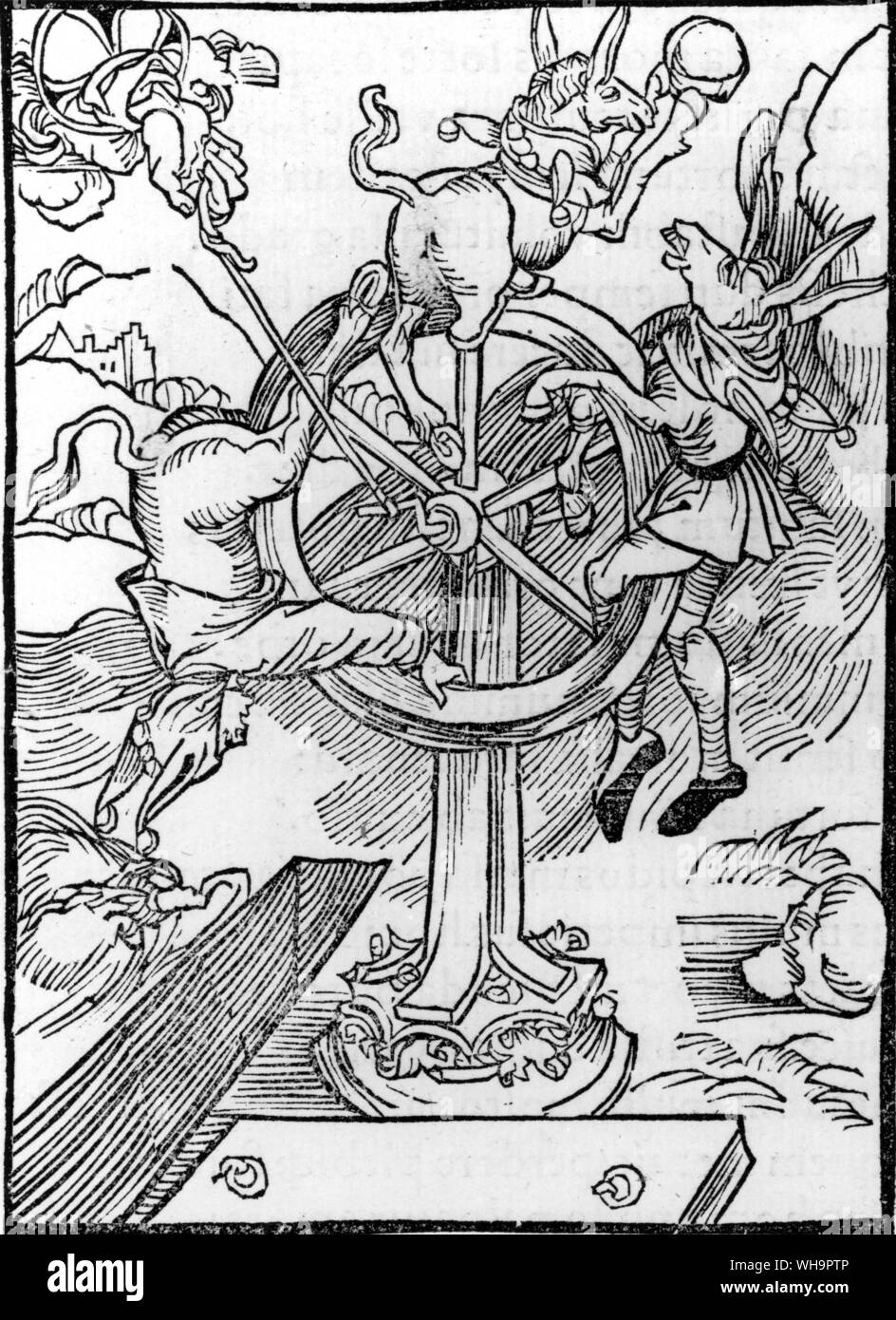 A humorous woodcut in which the Wheel of Fortune is ridden by asses and guided by a hand from above Stock Photo