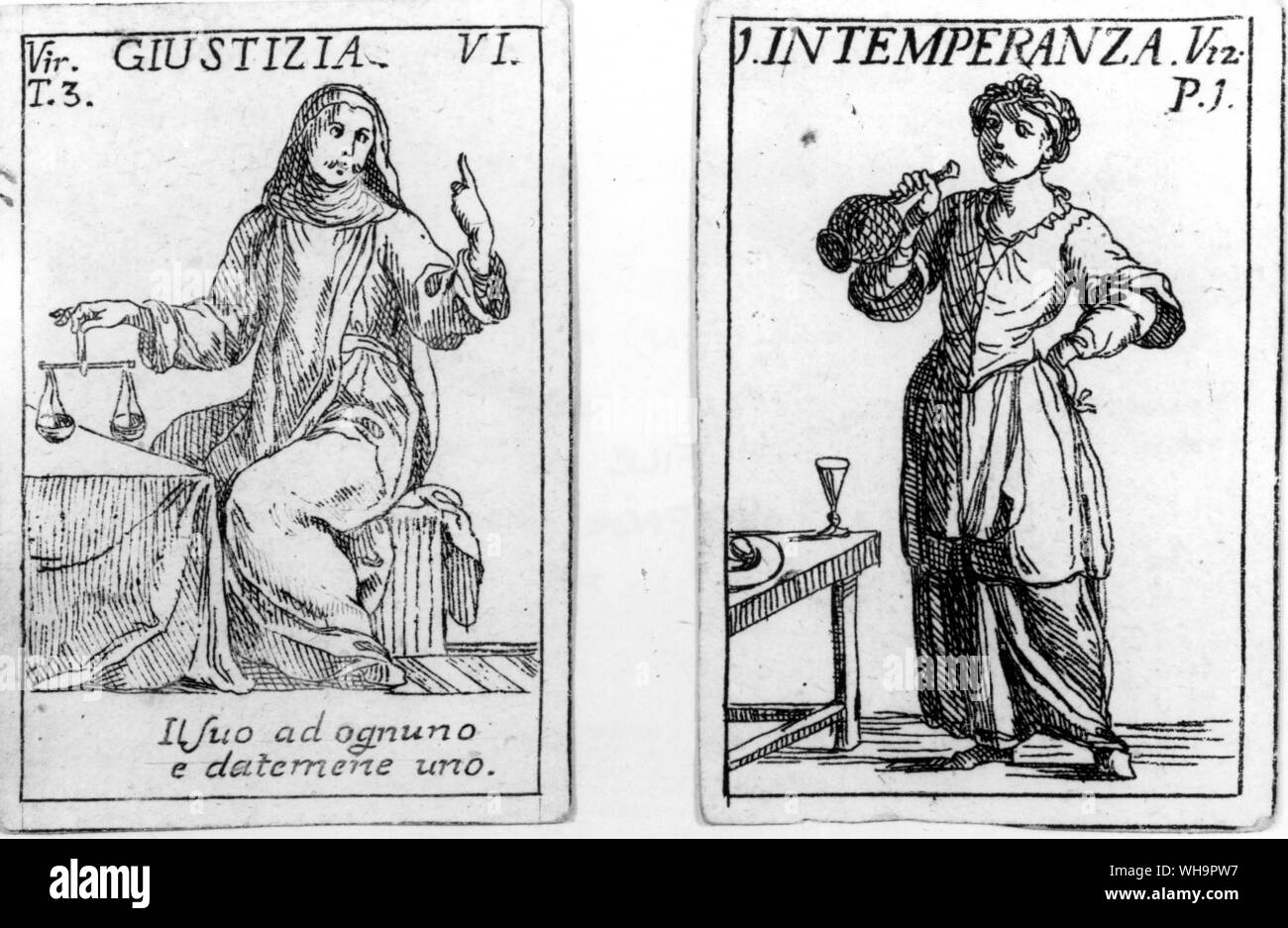 Tarot card - Justice as one of the classical virtues, in an early 18th century Italian pack (left), and Intemperance as a woman drinking (right) Stock Photo