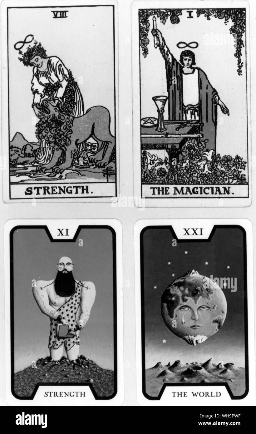 Waite's version in which the woman is closing the lion's mouth and an unusual Strength card from the 007 pack showing a circus strong man. Top right shows Waite's representation of the Juggler, renamed the Magtician and given a more spiritual look. Also shown is a modern version of the World card. Stock Photo