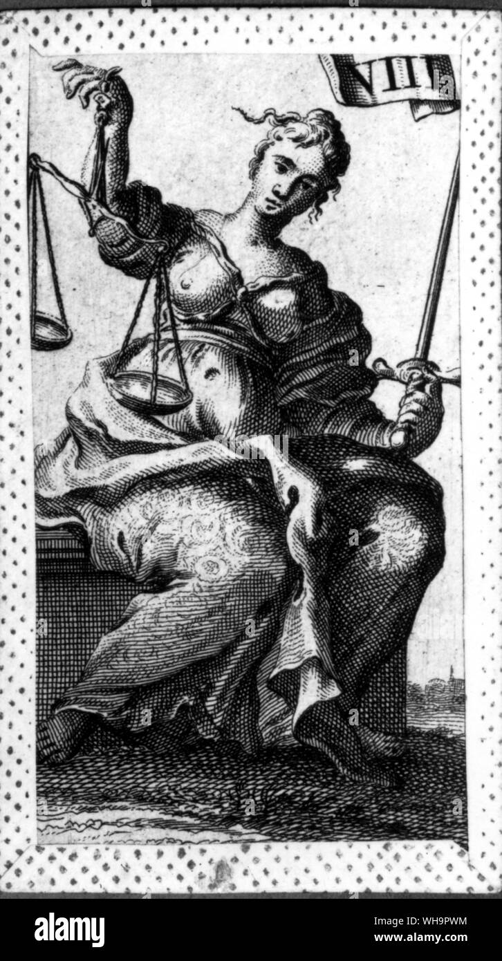 Tarot card - a minchiate version of Justice with sword and scales Stock Photo