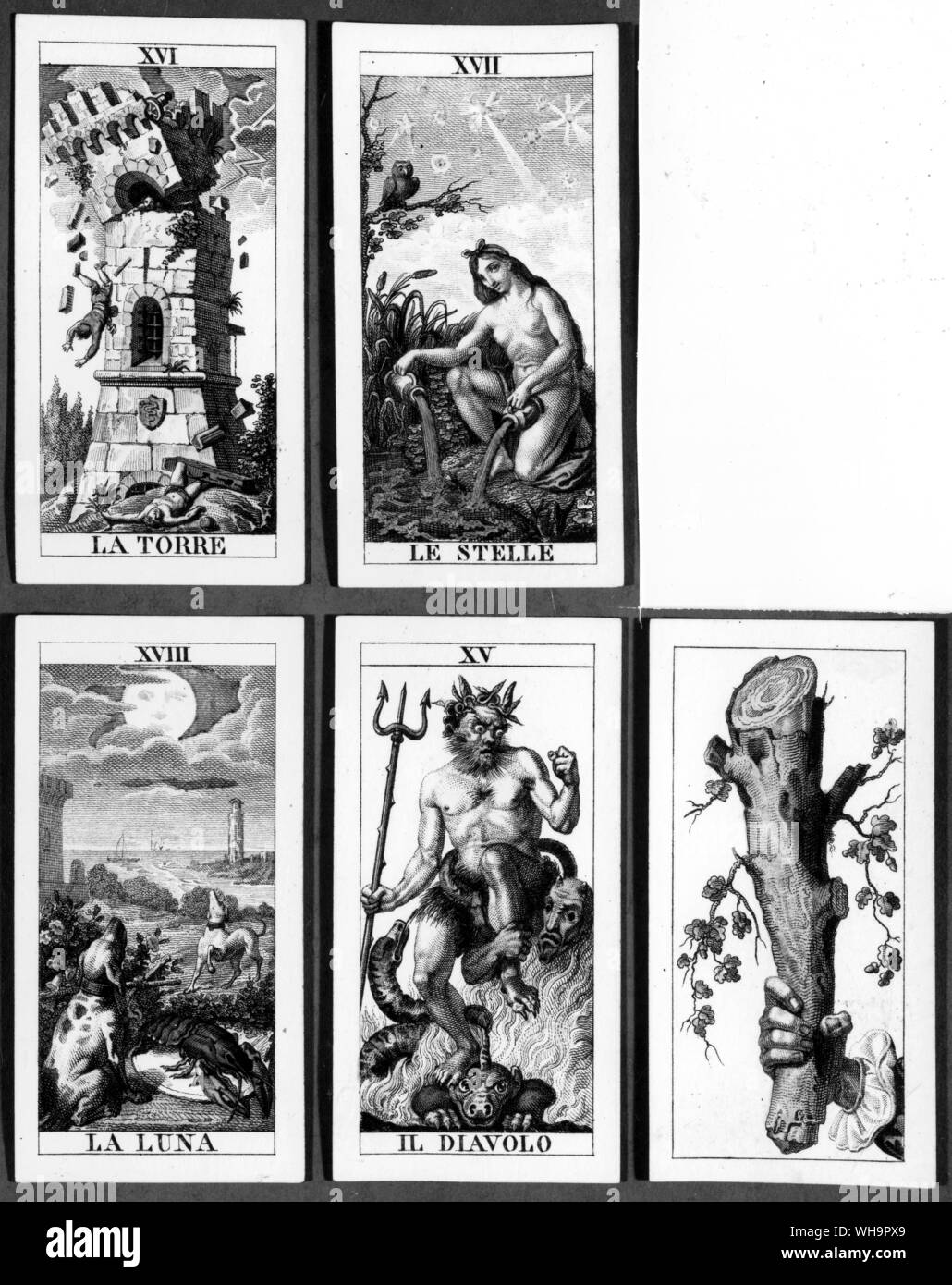 Tarot cards - Il Diavolo (bottom centre); Le Stelle, the Star in an 18th century Italian pack (top right); and La Luna, a version of the Moon, the disquieting scene of the commoner version Stock Photo