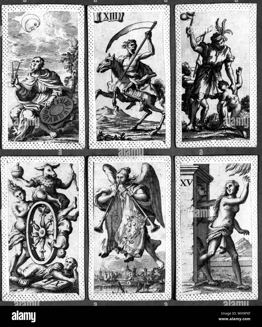 Tarot cards - The Moon driving through the sky in her chariot on the  'Mantegna' card (top left), Death as a horseman armed with a scythe (top  centre), a minchiate card in