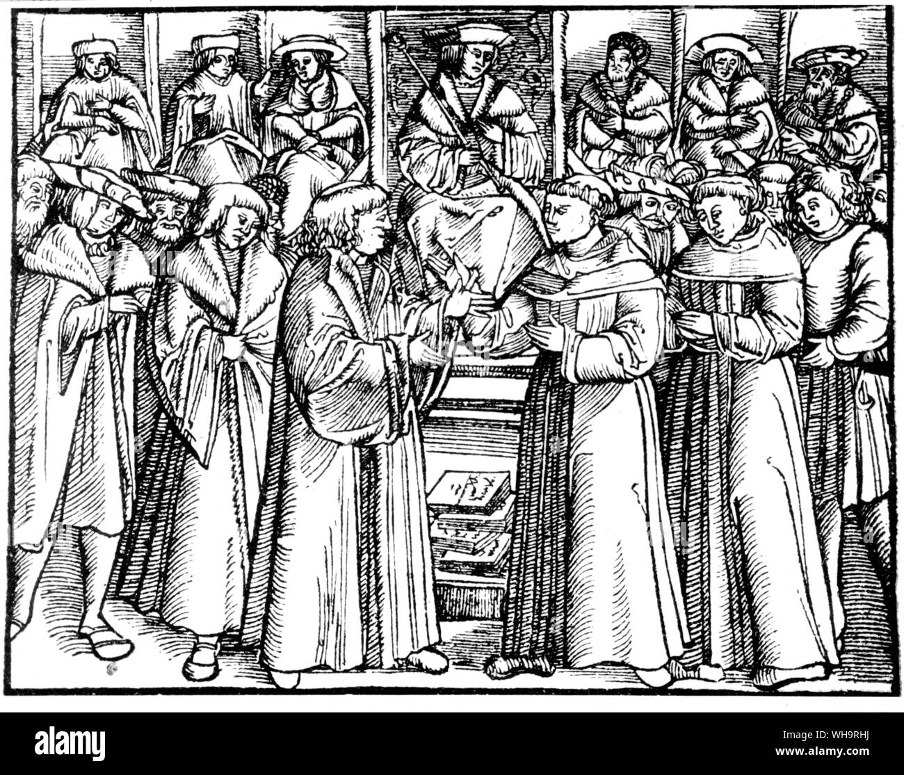 Diet of worms, 1521. Luther in the presence of Kaiser Karl V, Luther on the right, Johann von der Ecken on left between them. Stock Photo