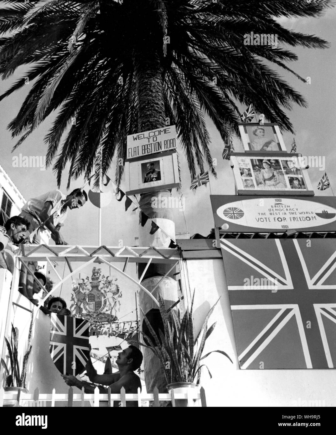 Sept. 1967: Bunting goes up for the Gibraltar D(Decision) -Day Celebrations. Referendum to be held on the future of the 'Rock' to be held in the autumn of 1967. Stock Photo