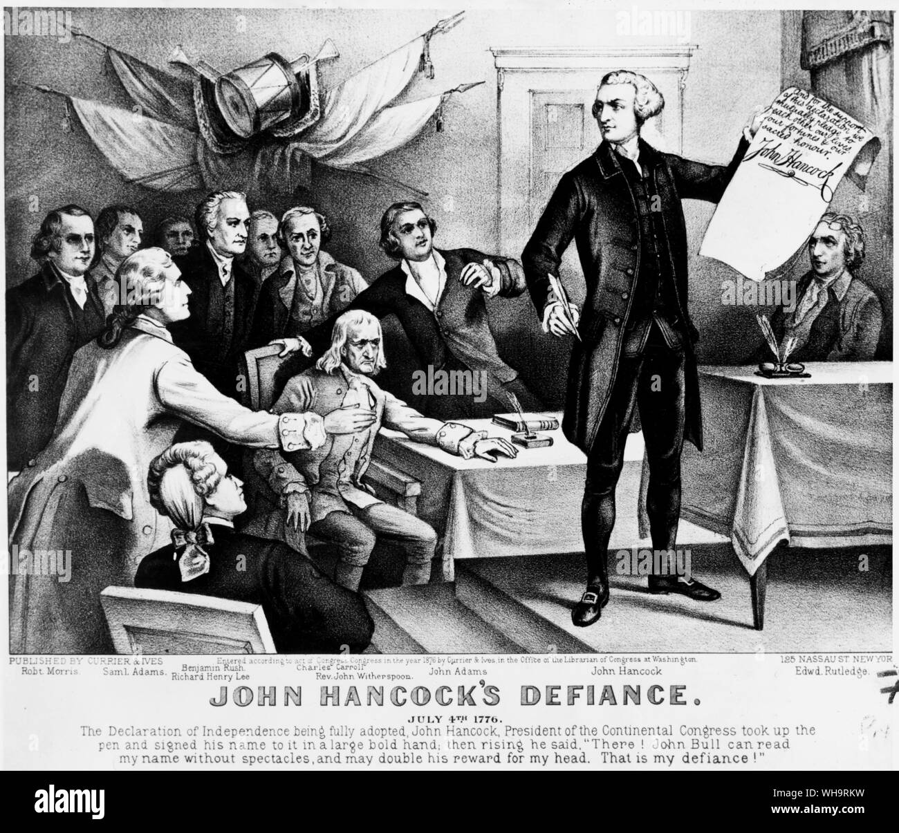 USA: 'John Hancock's Defiance', July 4th 1776. The Declaration of Independence being fully adopted, John Hancock the President of teh Continental Congress took up pen and signed his name to it in a large bold hand, then rising he said, There! John Bull can read my name without spectacles and may double his reward for my head. That is my defiance! Stock Photo