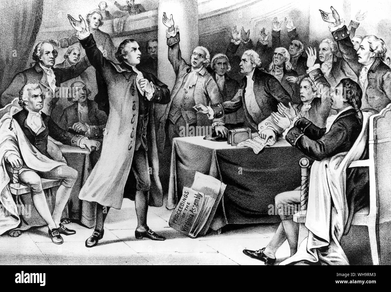 Give me liberty, or give me death! Patrick Henry delivering his great speech on the Rights of the Colonies before the Virginia assembly covened at March 23rd, 1775. Concluding with the above sentiment, which became the war cry of the Revolution. Stock Photo