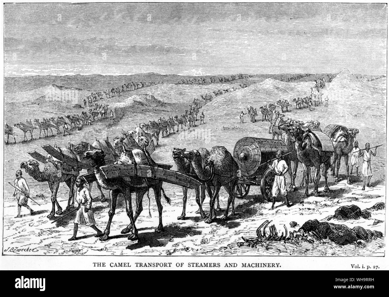 The camel transport of steamers and machinery. 1870. Start of the 'expedition to central Africa.' Stock Photo