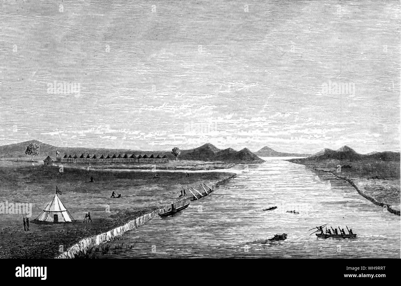 Central Africa: View of Gondokoro. Chaille-long reaches Gondokoro, 1874. Stock Photo