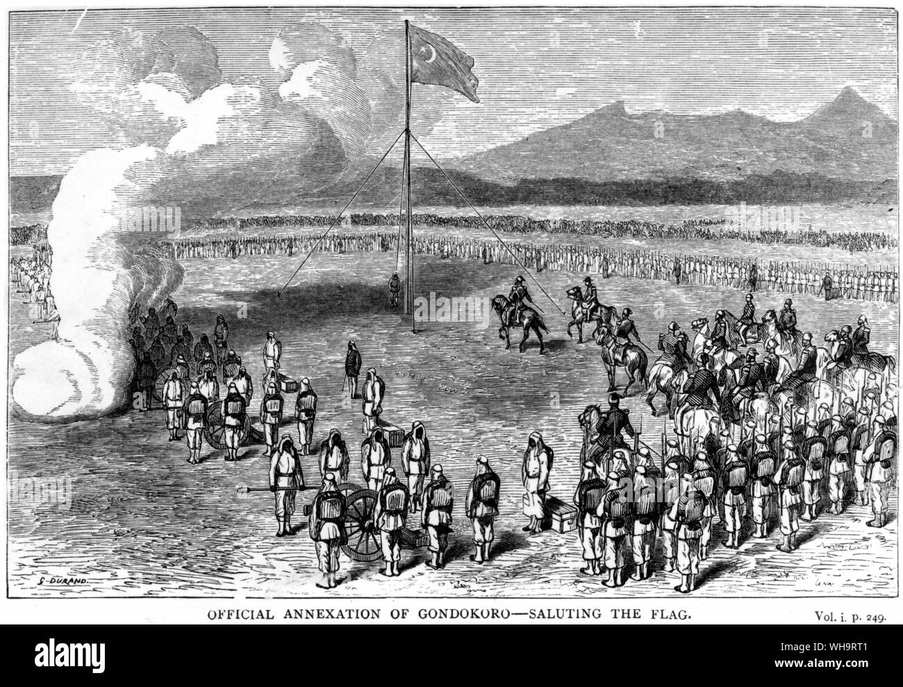Official annexation of Gondokoro - saluting the flag. From 'Ismailia by Sir Samuel Baker. A narrative of the Expedition to Central Africa for the suppression of the slave trade. May 26th 1871. Stock Photo
