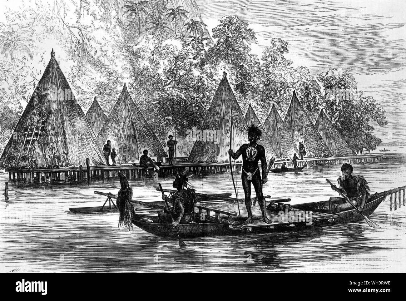 Tribesmen on African river. 19th century. Stock Photo
