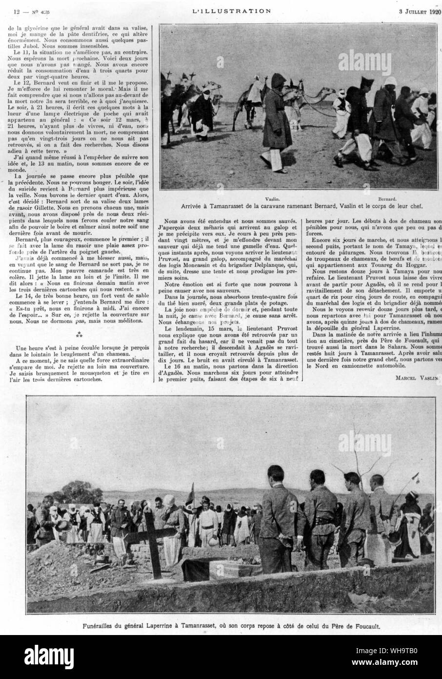 ILN 3rd July 1920: Top right: Arriving at Tamanrasset are the caravans of Bernard Vaslin and the body of their chief. . Bottom left: The funeral of General Lapperine, where his body will rest next to Pere de Foucault. Stock Photo