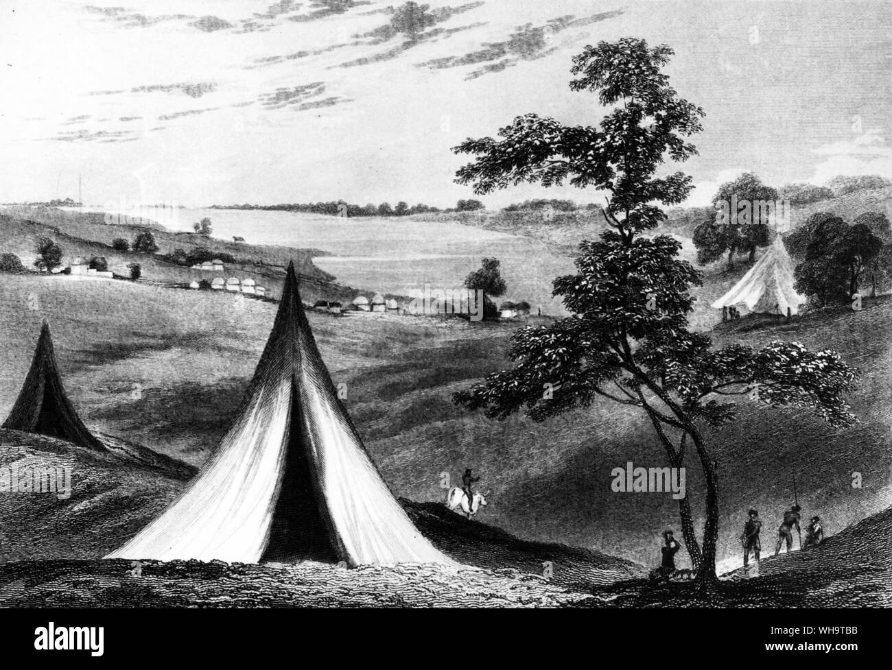 D. Denham and H. Clapperton. Encampment near Woodie and part of the Lake Tehad. From: 'Narrative of travels and discoveries in Northern and central Africa.' Stock Photo