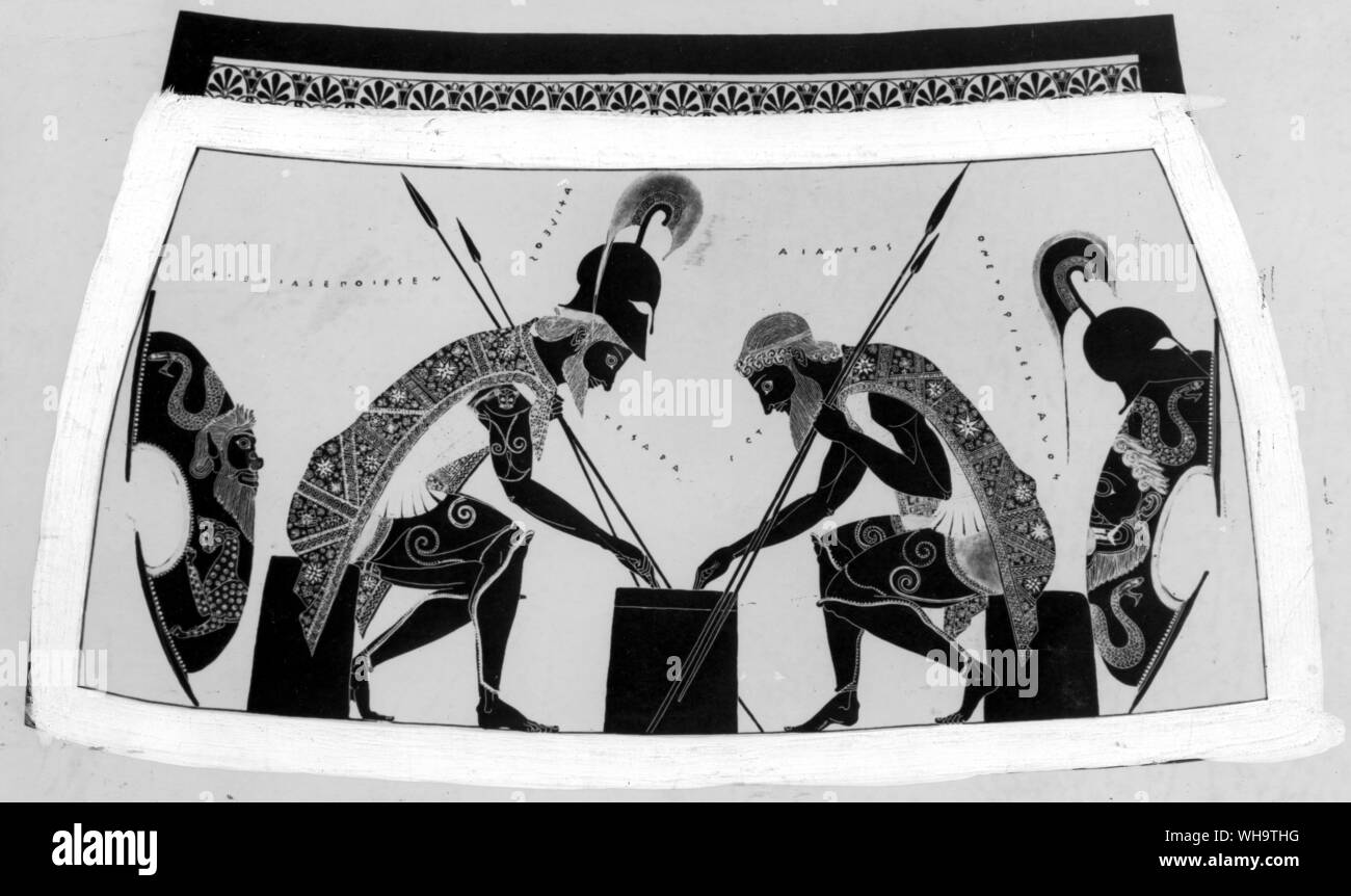 Achilles and Ajax, intent on a game presumably involving dice, as Achilles is saying 'tesara' (four) and Ajax 'tria' (three). Each, a great leader, has two spears and clothes and armour of elaborate elegance. Stock Photo