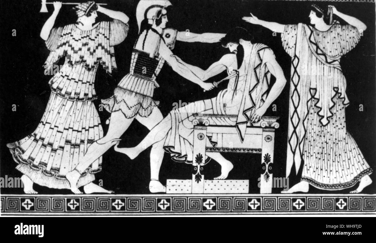 Orestes, an infant when his father was killed, was ordered by Apollo to avenge the murder; this meant committing the dread crime of matricide. This he did, killing the lover first, before turning on his mother Stock Photo