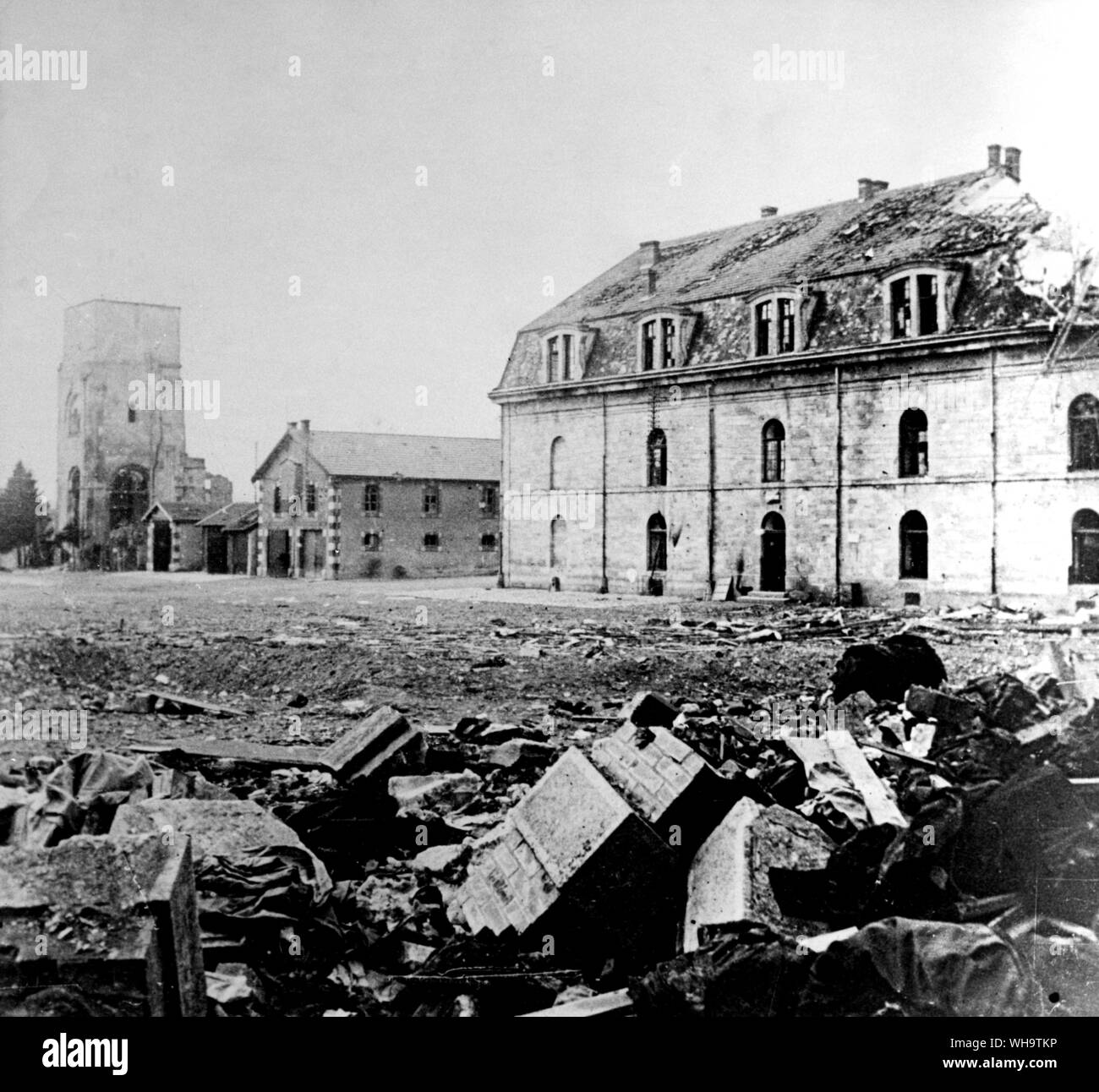 WW1/France: Scene of ruins in French town. Stock Photo