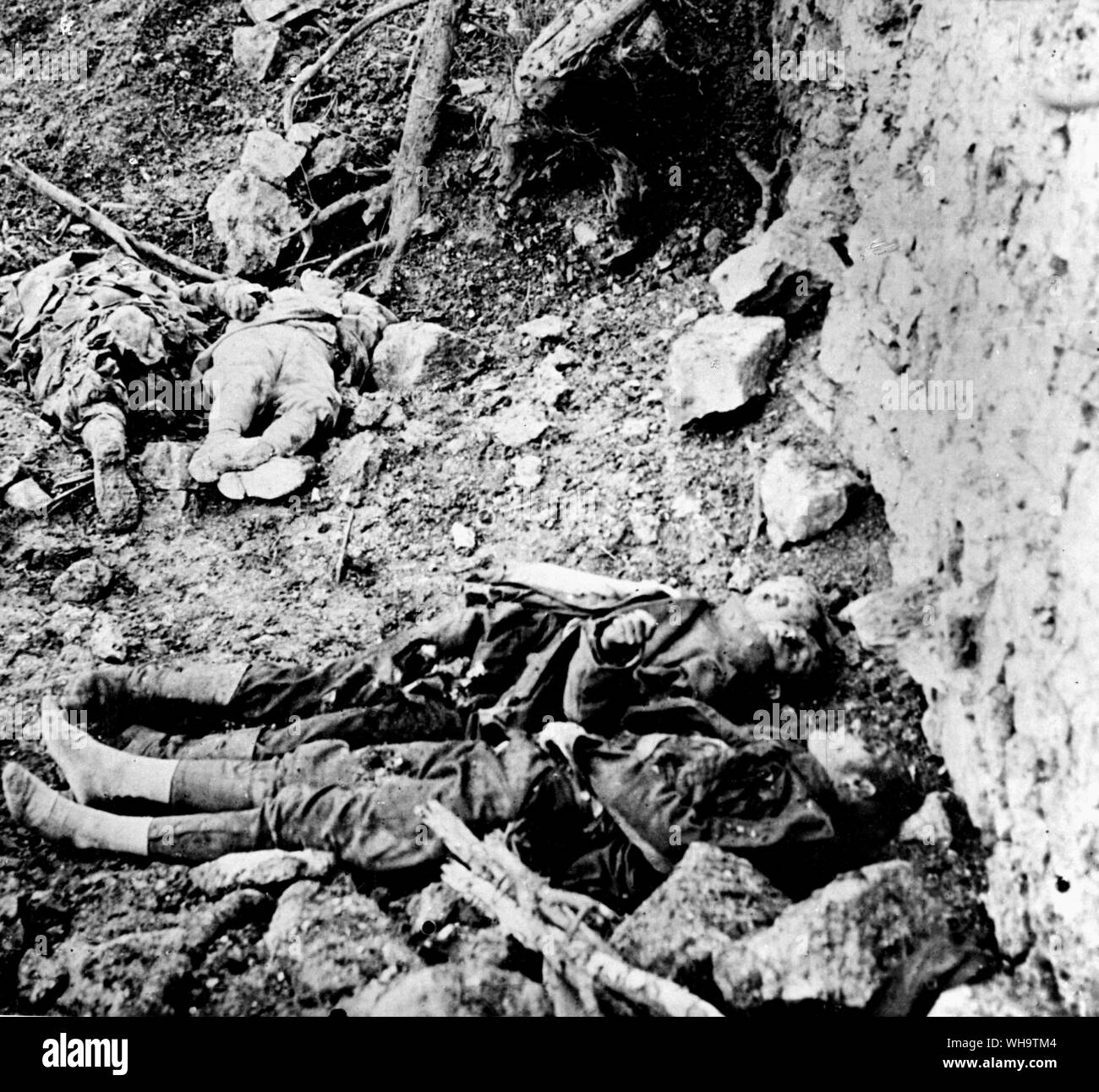 WW1/France: French and German troops side by side in a trench grave. Stock Photo