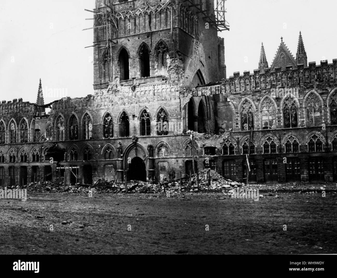 WW1: Ypres Clock-Hall, France. Bombed during war. Stock Photo