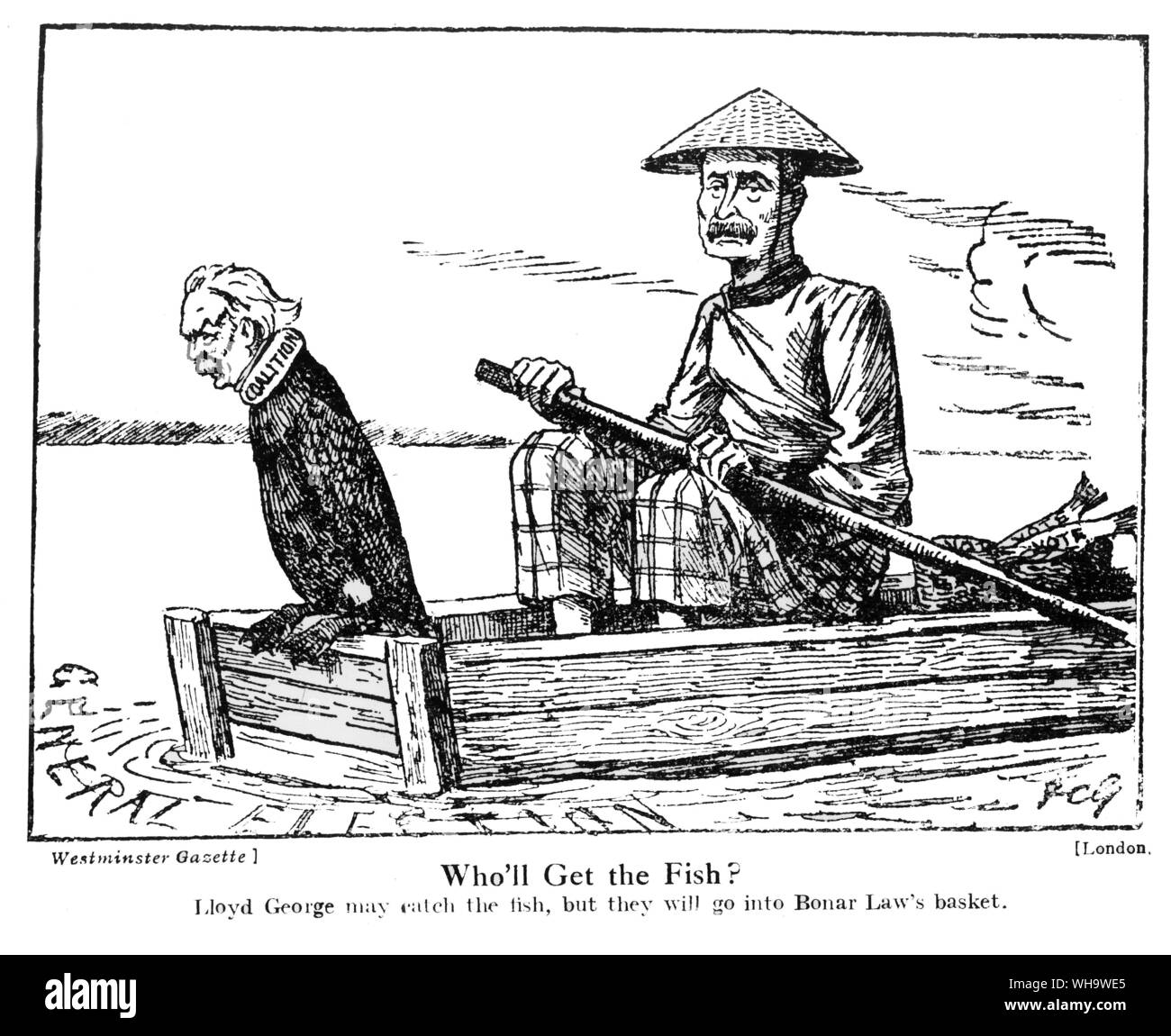 WW1: Cartoon. 'Who'll get the fish'. David lloyd George and Bonar Law. Stock Photo