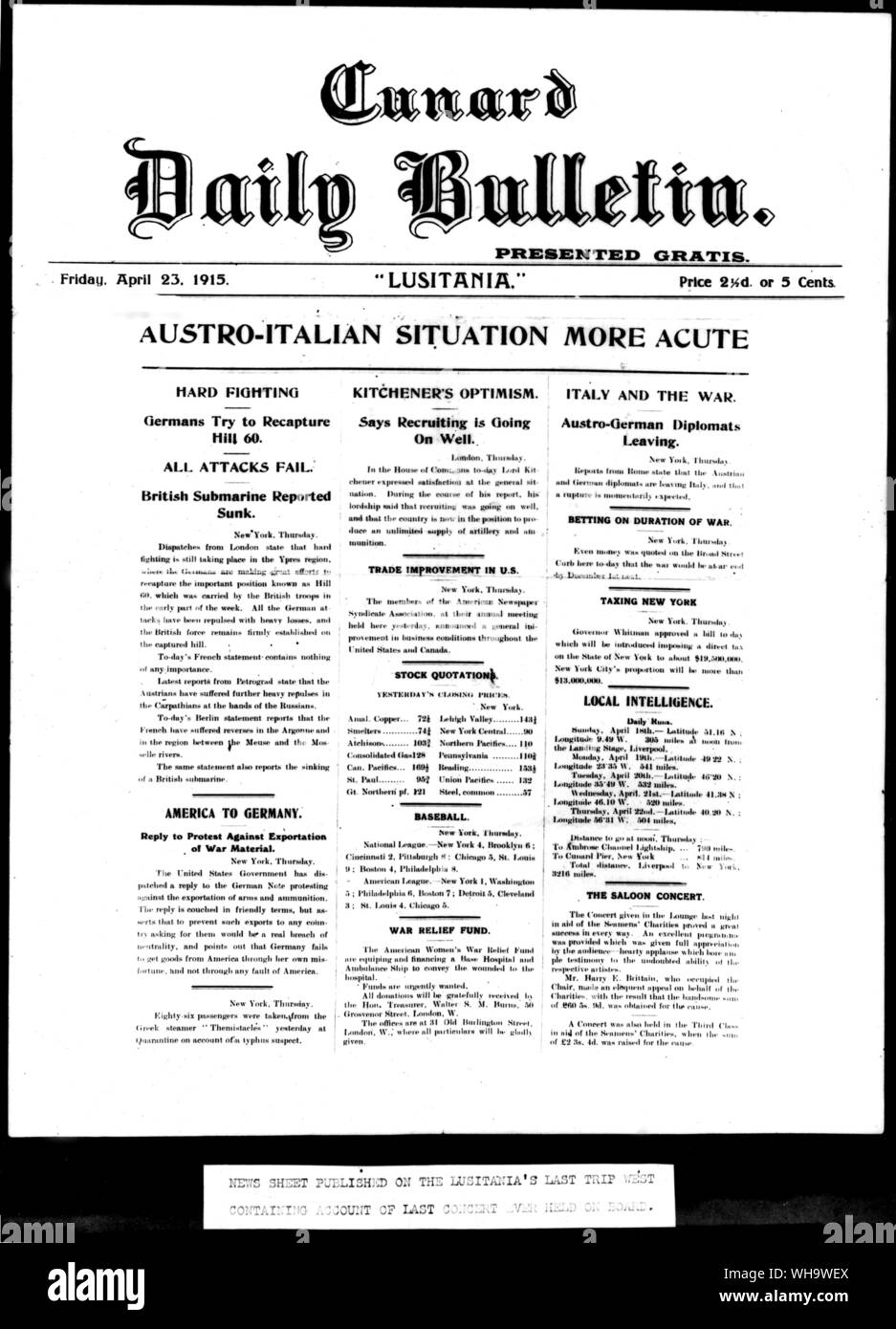 WW1/ Cunard Daily Bulletin. April 23rd 1915. News sheet published on the 'Lusitania's' last trip containing of last concert ever held on board Stock Photo