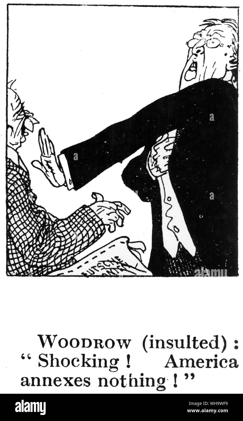 WW1/ 'Woodrow (insulted) Shocking! America annexes nothing! David Lloyd George and Wilson Woodrow cartoon. Stock Photo