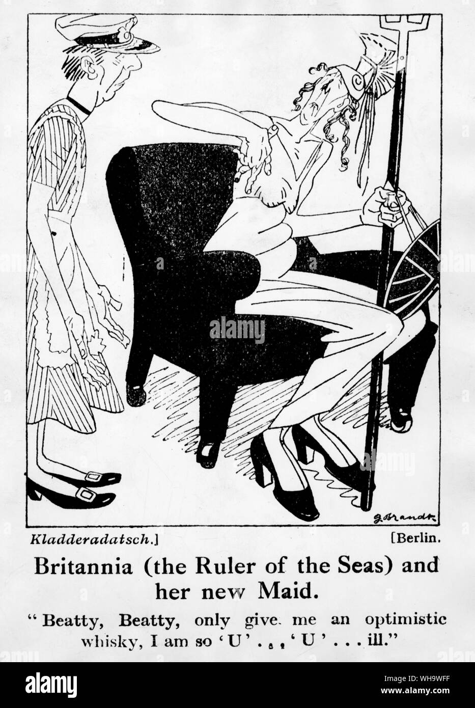 WW1/ 'Britannia (the Ruler of the seas) and her new maid.' German cartoon from Berlin. Admiral Beatty featured. Stock Photo