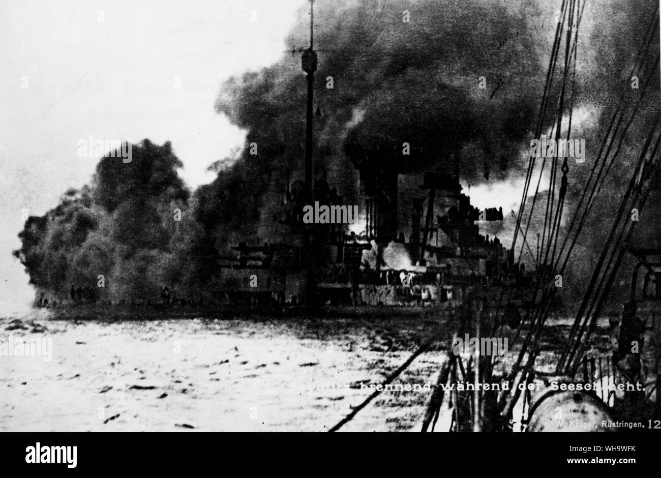 WW1/ German battle cruiser 'Seydlitz', burning at Jutland. Stock Photo