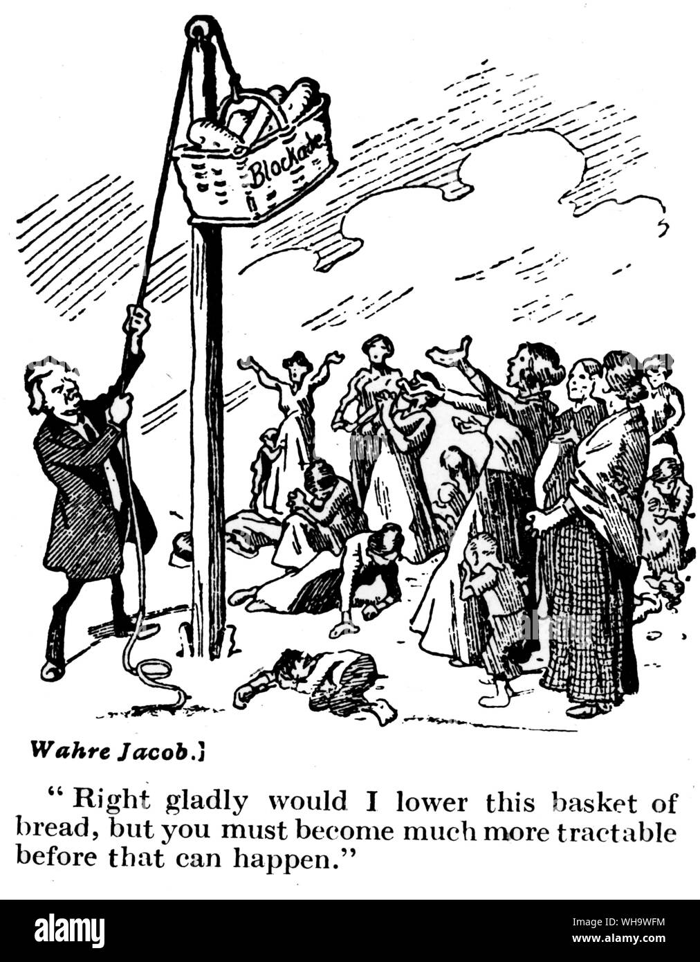 WW1/ Cartoon. Right gladly would I lower this basket of bread, but you must become much more tractable before that can happen. Stock Photo