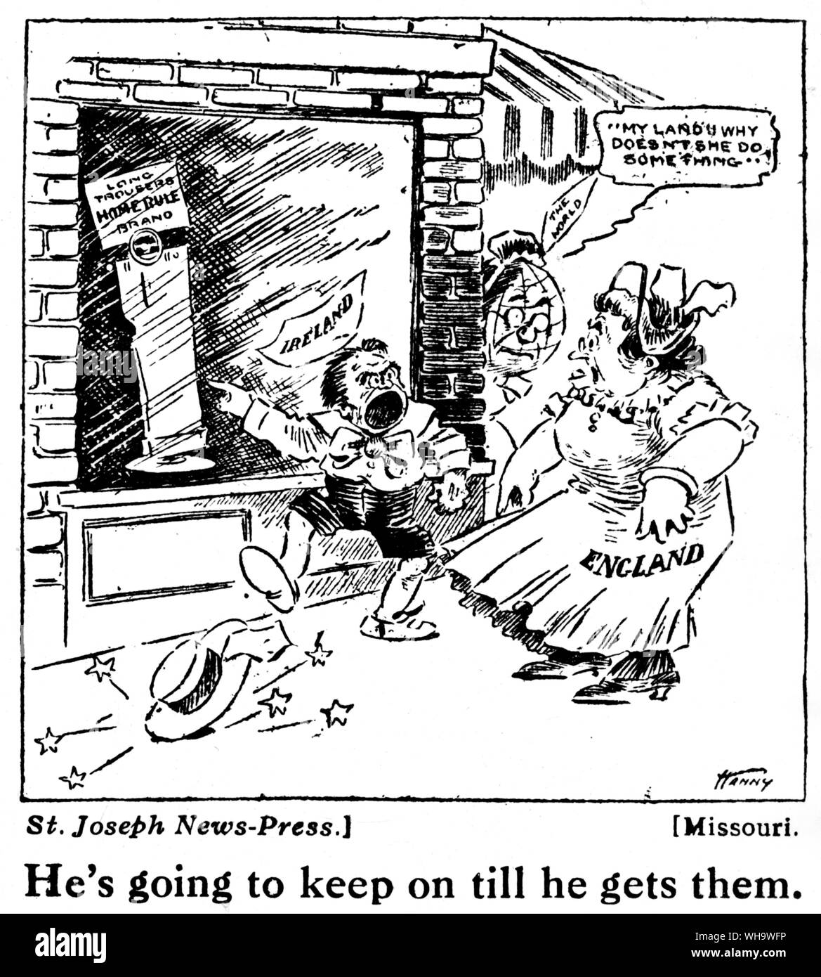WW1/ 'He's going to keep on till h egets them.' USA cartoon. Stock Photo