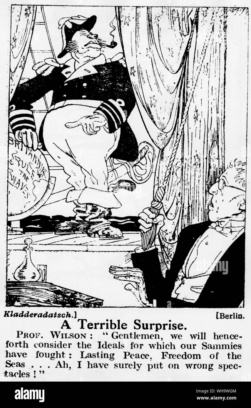 WW1/ 'A Terrible Surprise'. A German cartoon. Stock Photo