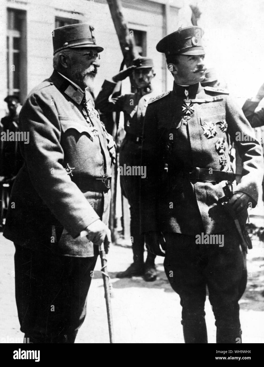 WW1/ Tsar Ferdinand of Bulgaria (in Austrian uniform) and the Emperor Charles of Austria (in Bulgarian uniform) in Rumania. Stock Photo