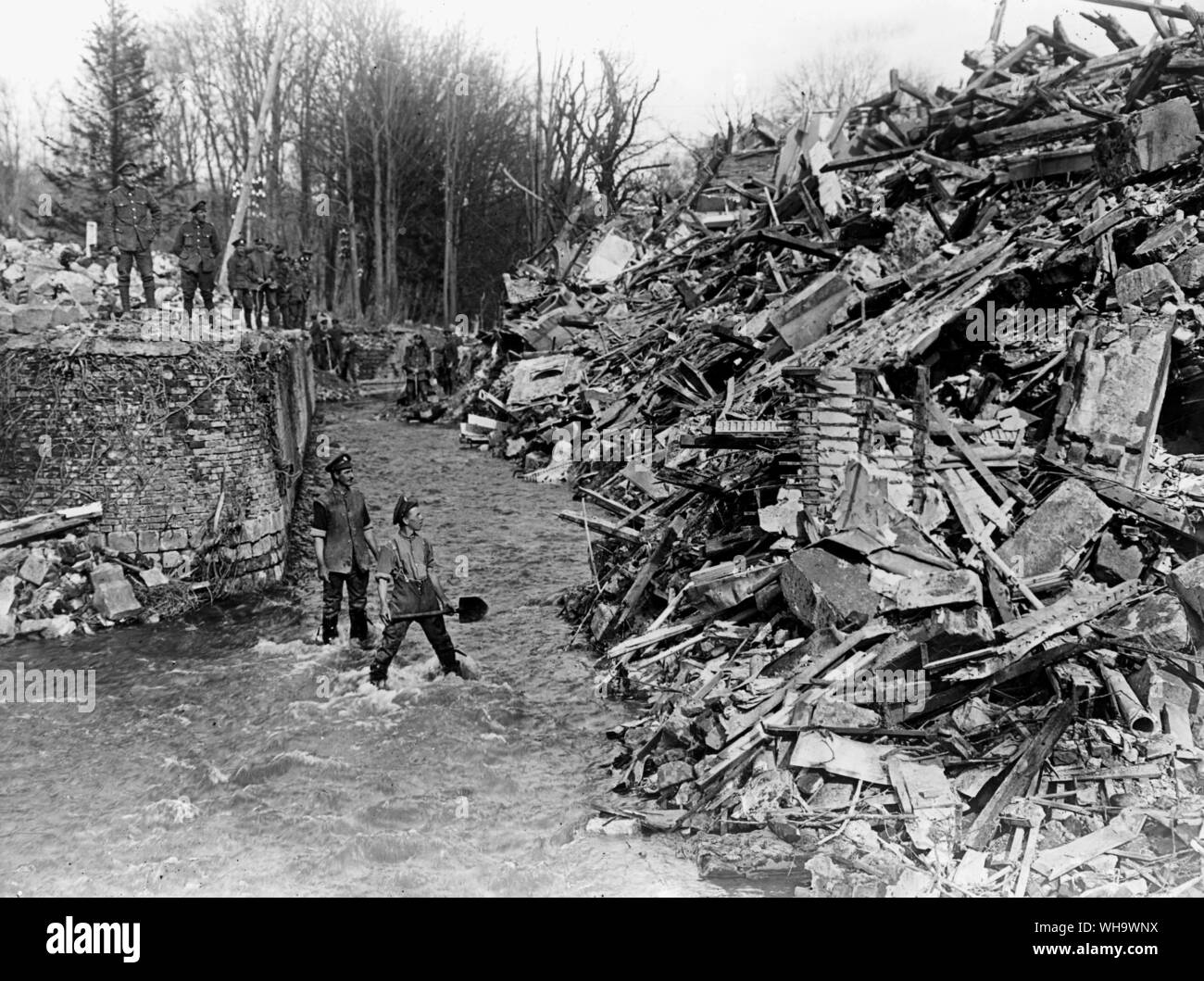 WW1: Mopping up after the German's retreat. War debris. Stock Photo