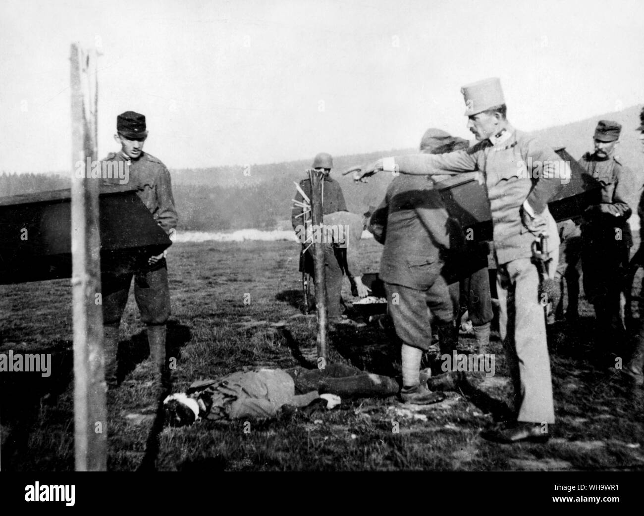 WW1/ 21st May 1918: Soldiers of the reserve battalion belongong to the 7th Rifleman's Regiment of Plzen revolted. This is the execution of the first group of rebels, sentenced to death after the revolt had been put down. Among them, former Russian prisoner of war and revolutionary, Jan Noha and another chief instigator of the revolt, the Corporal Stanislav Vodicha. Stock Photo