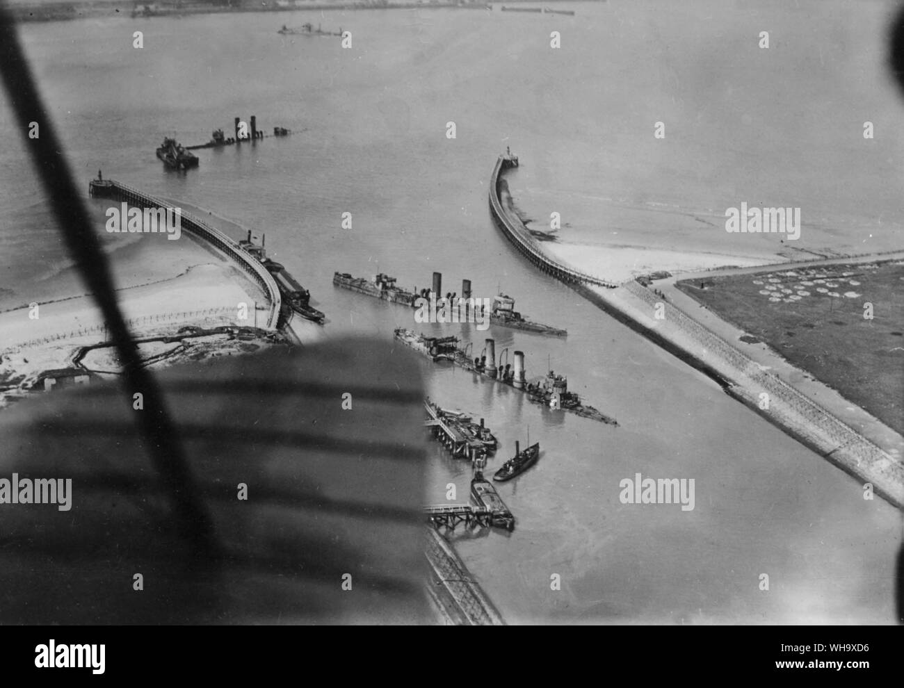 WW1: Port of Zeebrugge, Belgium with battleships. Stock Photo
