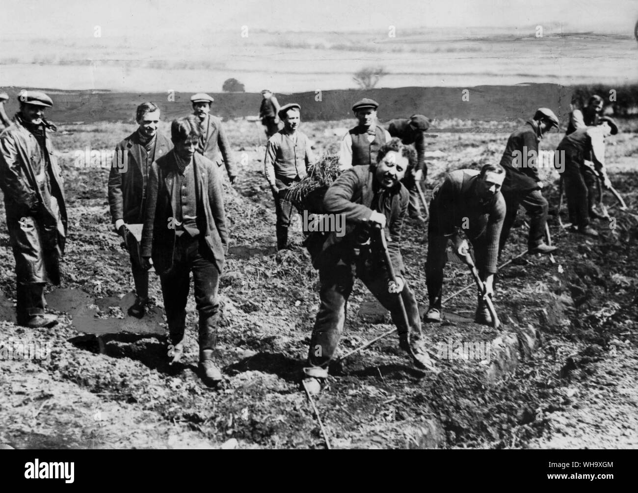 WW1: The Dartmoor conscientious objectors are seen professedly cultivating the soil, but they spend much of their time on leave or strolling on the moors, smoking, reading and talking. April 1917. Stock Photo