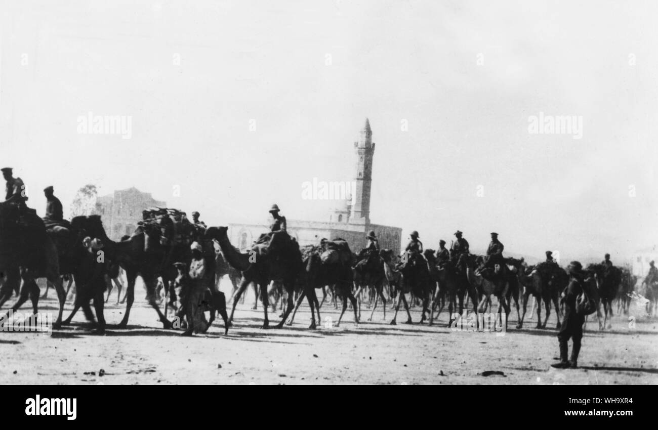 WW1: The Imperial Camel Corps Brigade marching into Beersheba, 17th November 1917.  South of Jerusalem. Stock Photo
