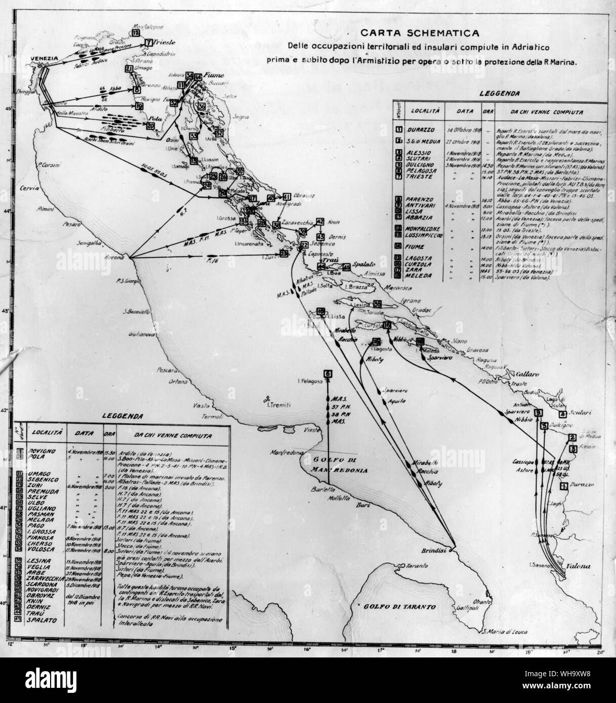 WW1: Map of the occupation of the Adriatic Sea. 1915. Stock Photo