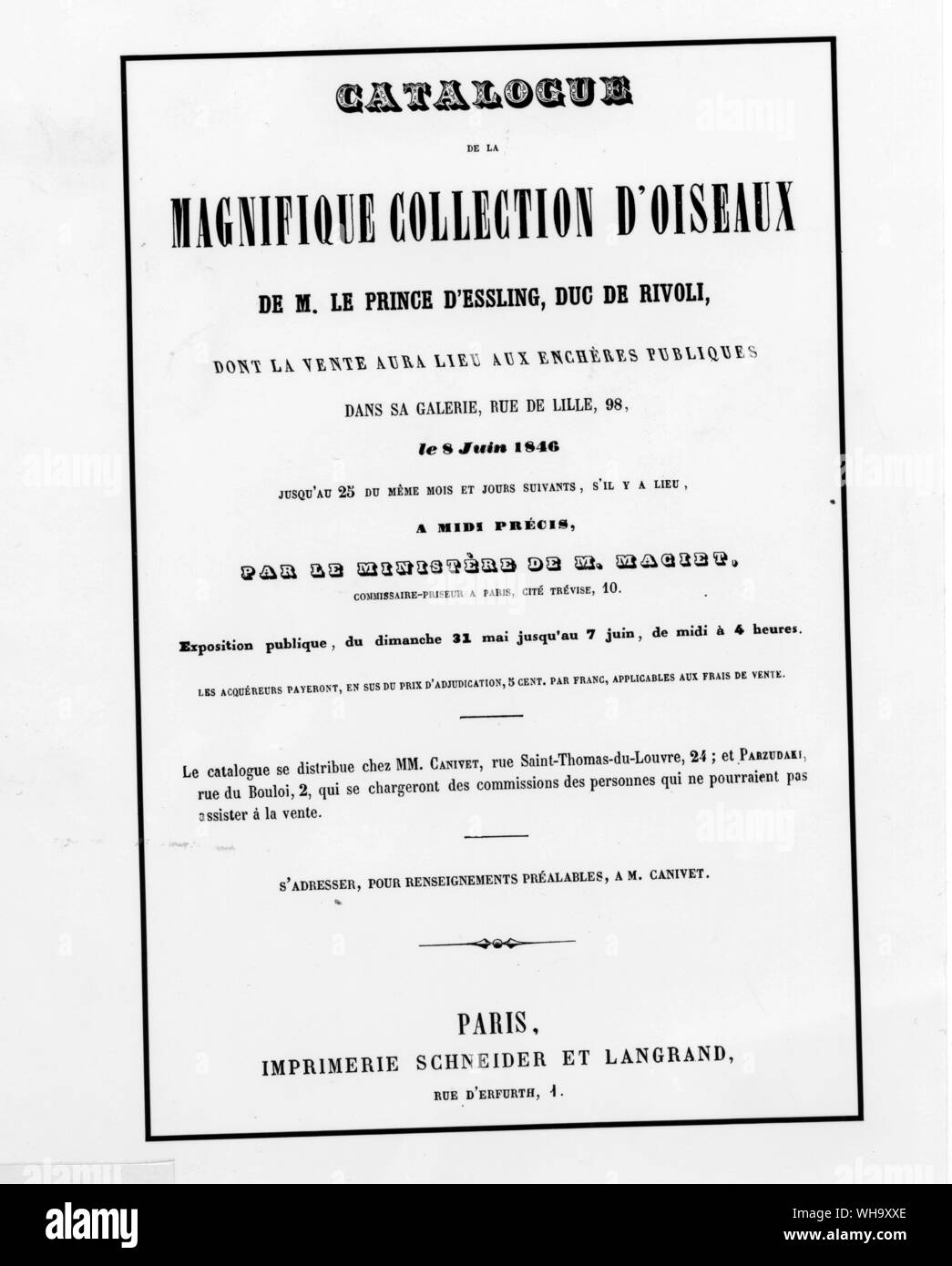 Title page of the catalogue prepared at the disposal in 1846 of Victor Massena.  Duc de Rivoli's collection of stuffed birds. Stock Photo