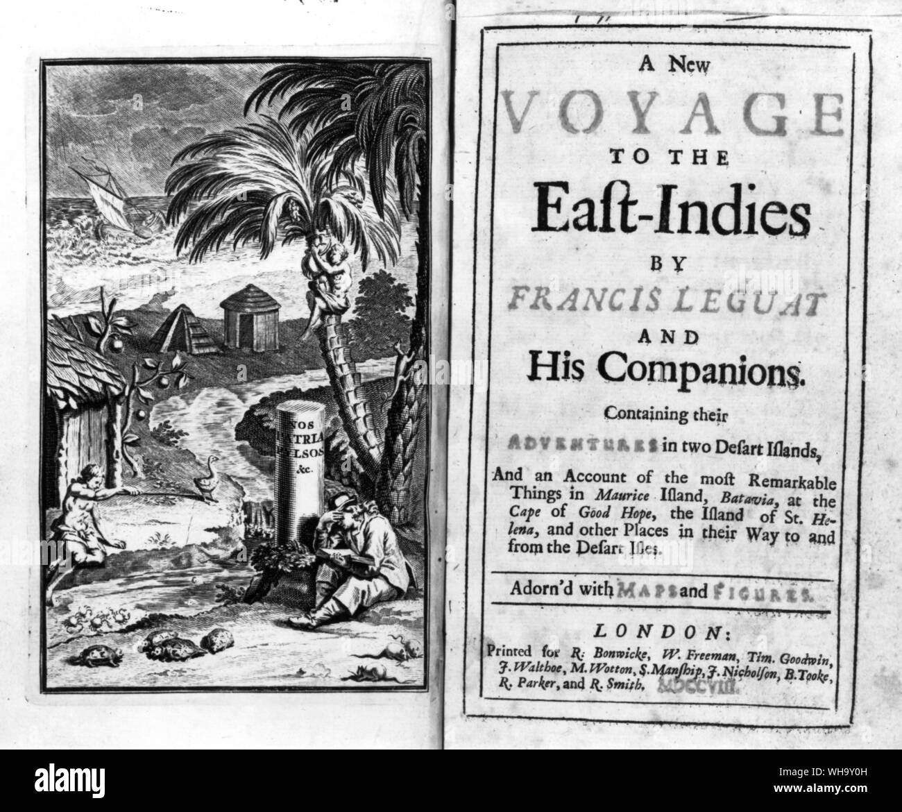 Frontispiece and title page of Francois Legaut's New Voyage to the East Indies (London, 1708) Stock Photo