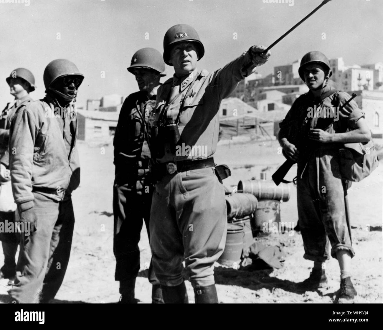 WW2: Lt. Gen. George Patton with the signal corps, July 11th 1943, Sicily. Stock Photo