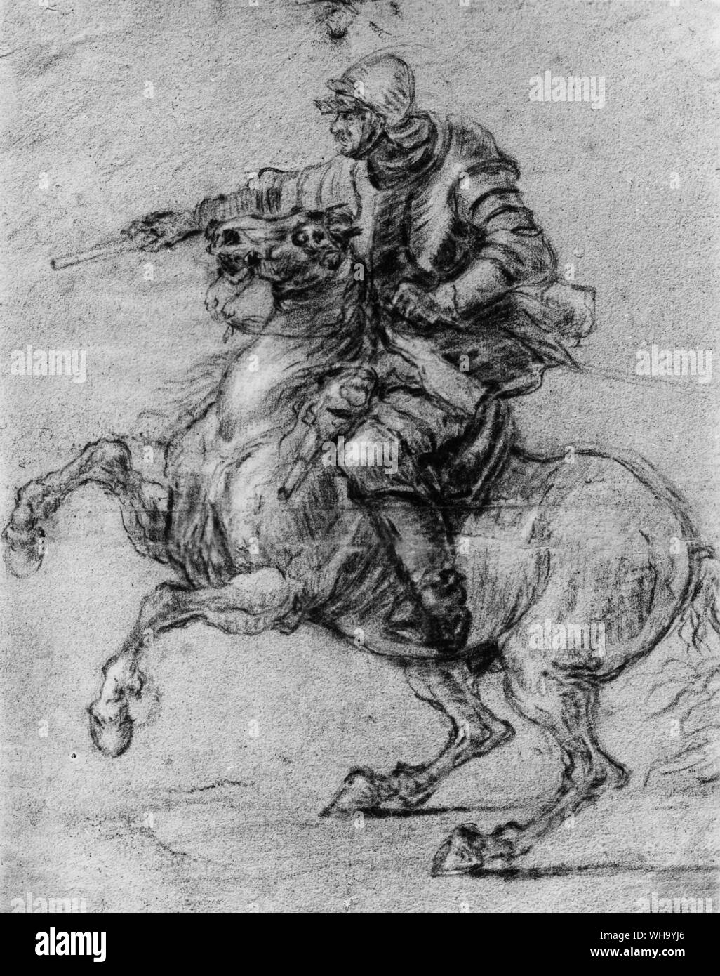 Armoured horseman. Possibly 17th C. European military. Stock Photo
