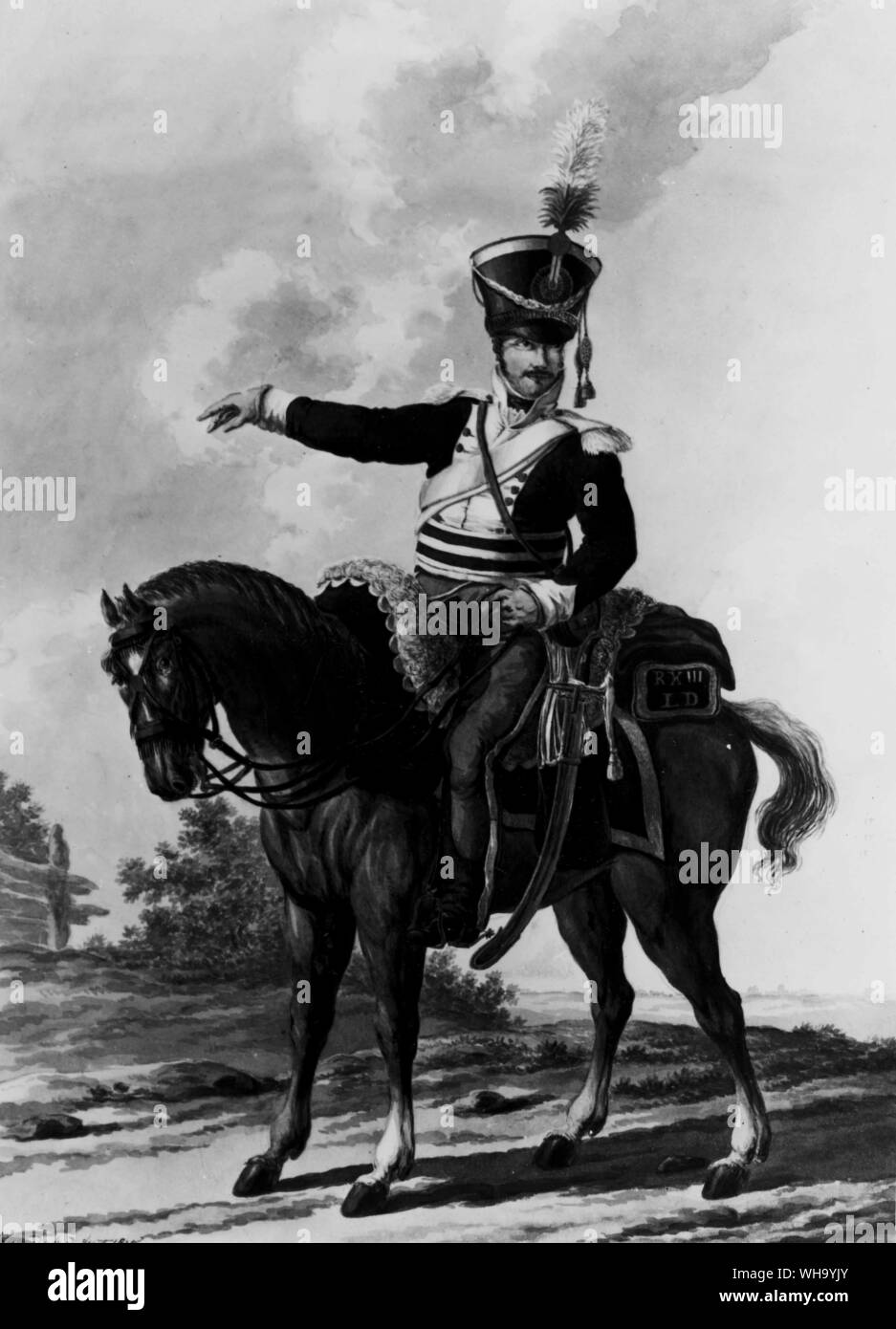 Private J A Langendyk, 13th Light Dragoons, 1815. Uniforms were blue, facing's of white and lace of silver. Stock Photo
