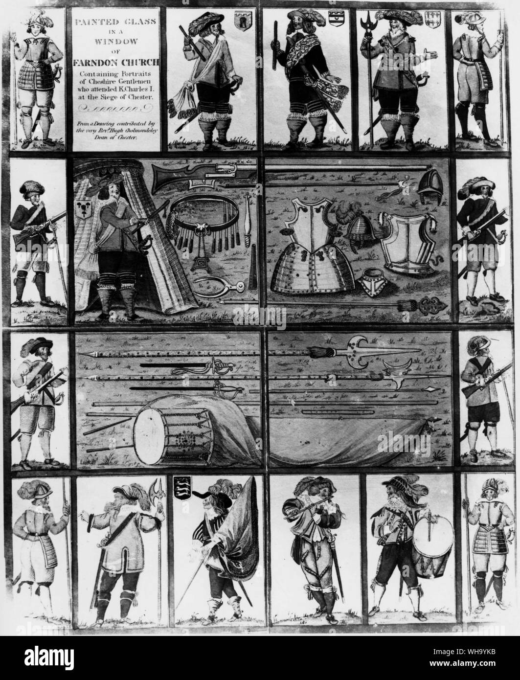 Drawing of painted glass at Farndon of Military men in uniform. Possibly 17th century. Stock Photo
