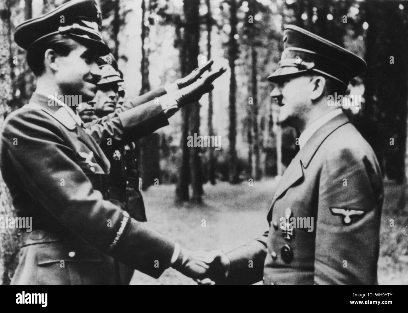 WW2: Luftwaffe aces are congratulated by Adolf Hitler. Stock Photo