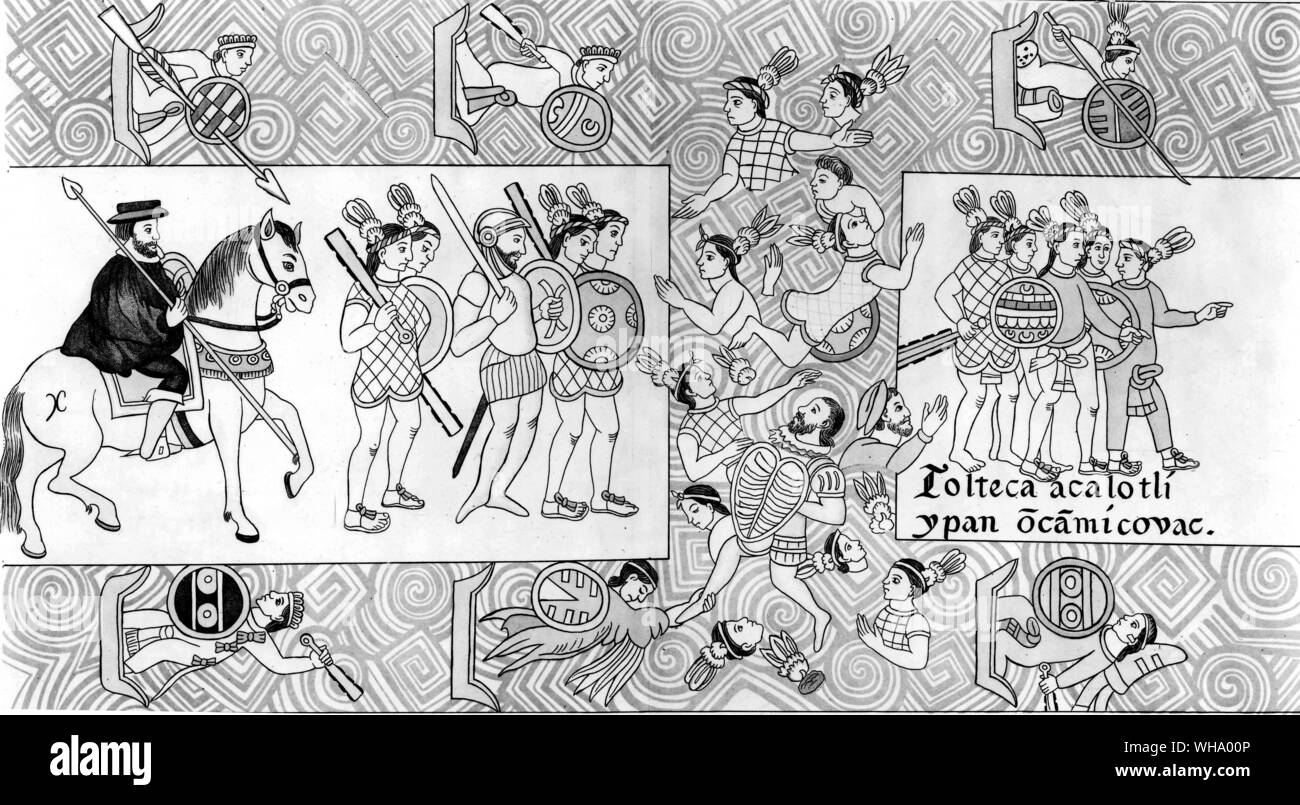 16th C.: Attack on Spaniards by Indians following massacre during Aztec relic ceremony.  From artwork of 1892 by Lienzo de Tlaxcalla. Stock Photo