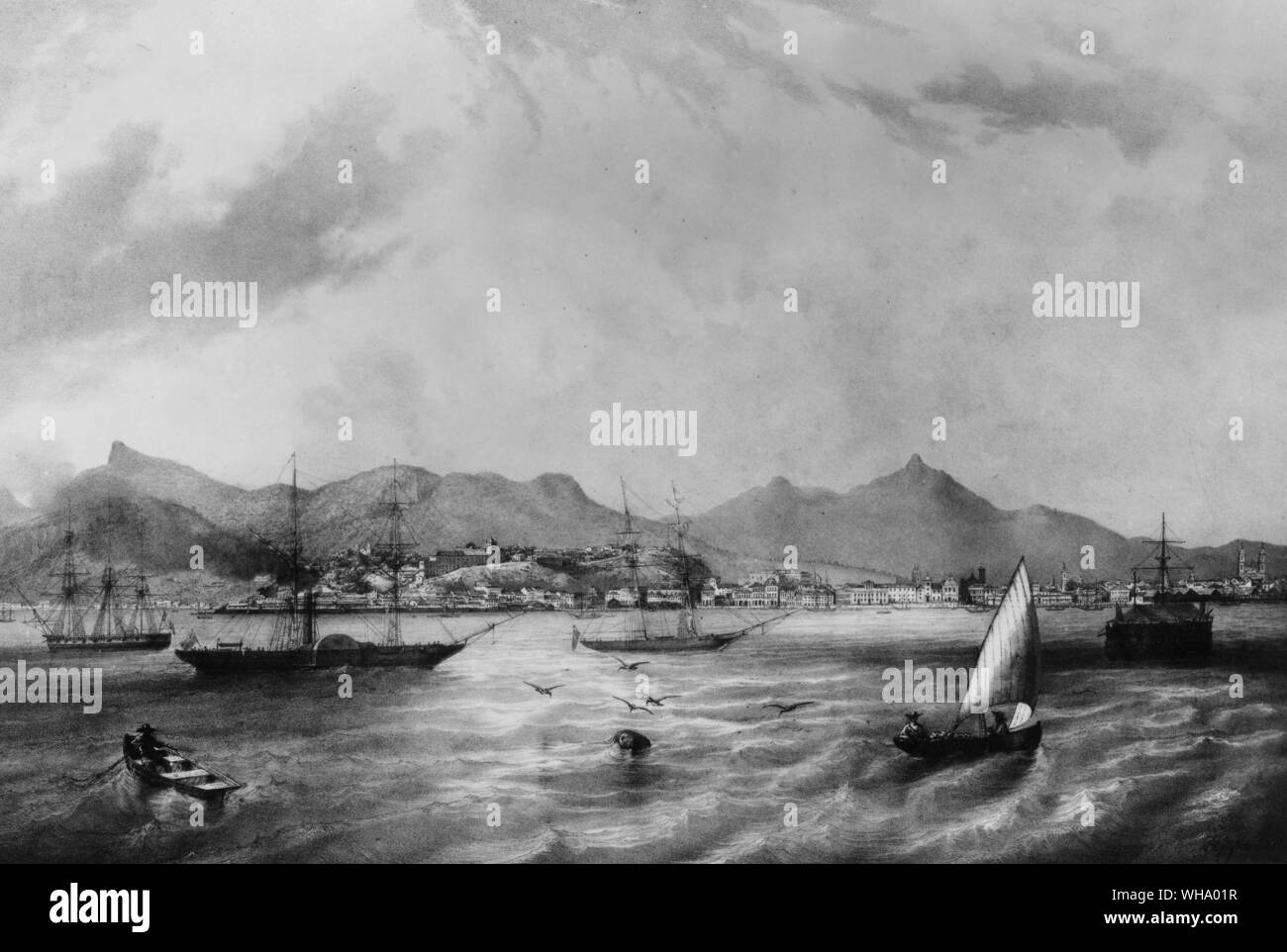 Harbour at Rio de Janeiro, Brazil; city in the background. Lithogrpah, early 19th century. Stock Photo