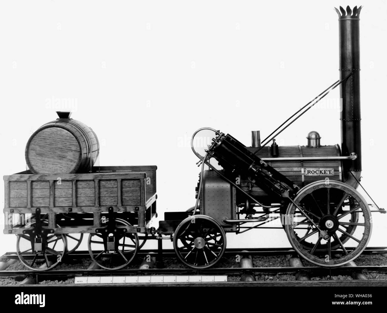 Model of Stephenson's Rocket, 1829. Side view of the engine and tender. Stock Photo