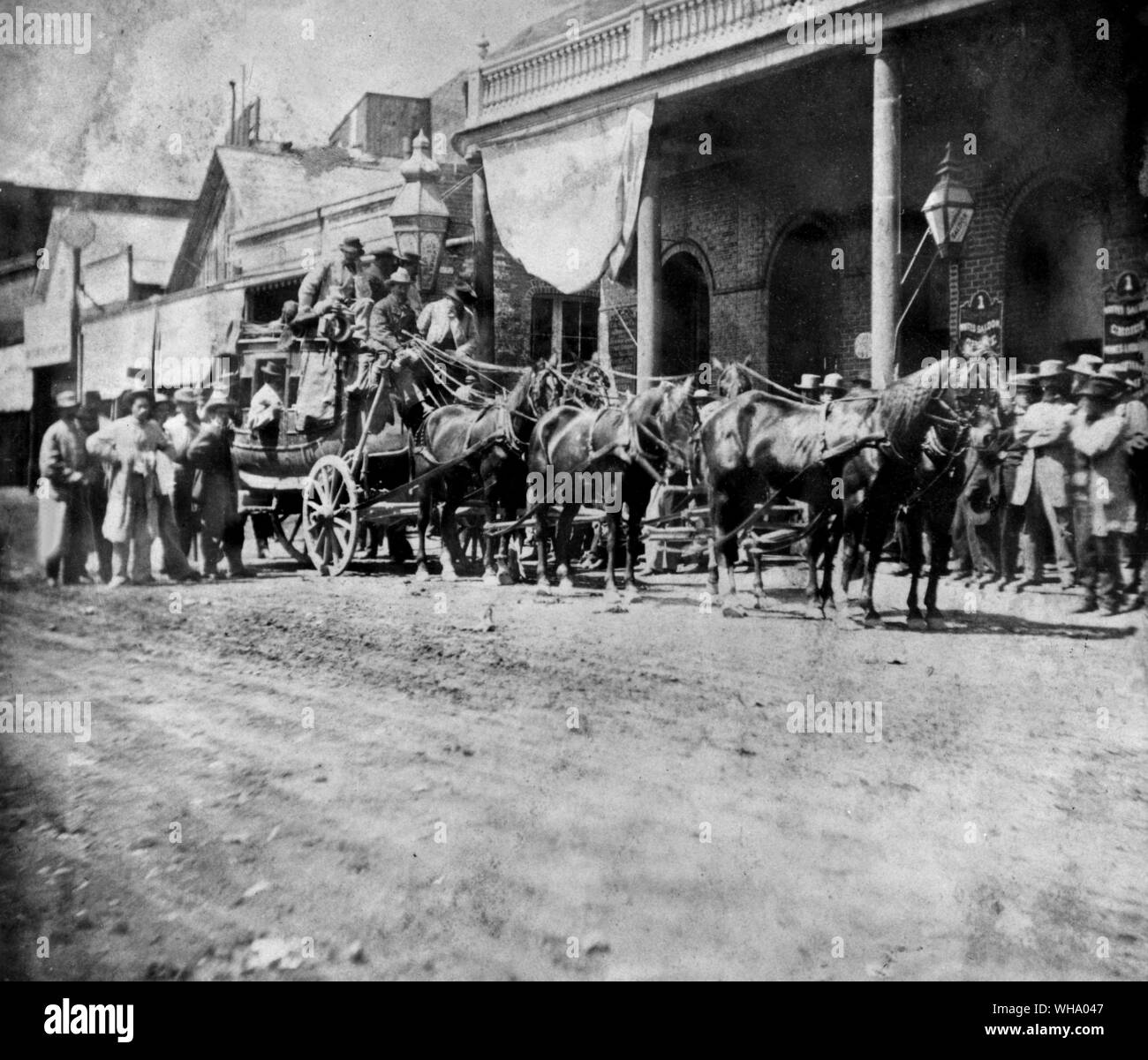 California Company's stage coach leaving Virginia City, mid-19th century. Stock Photo