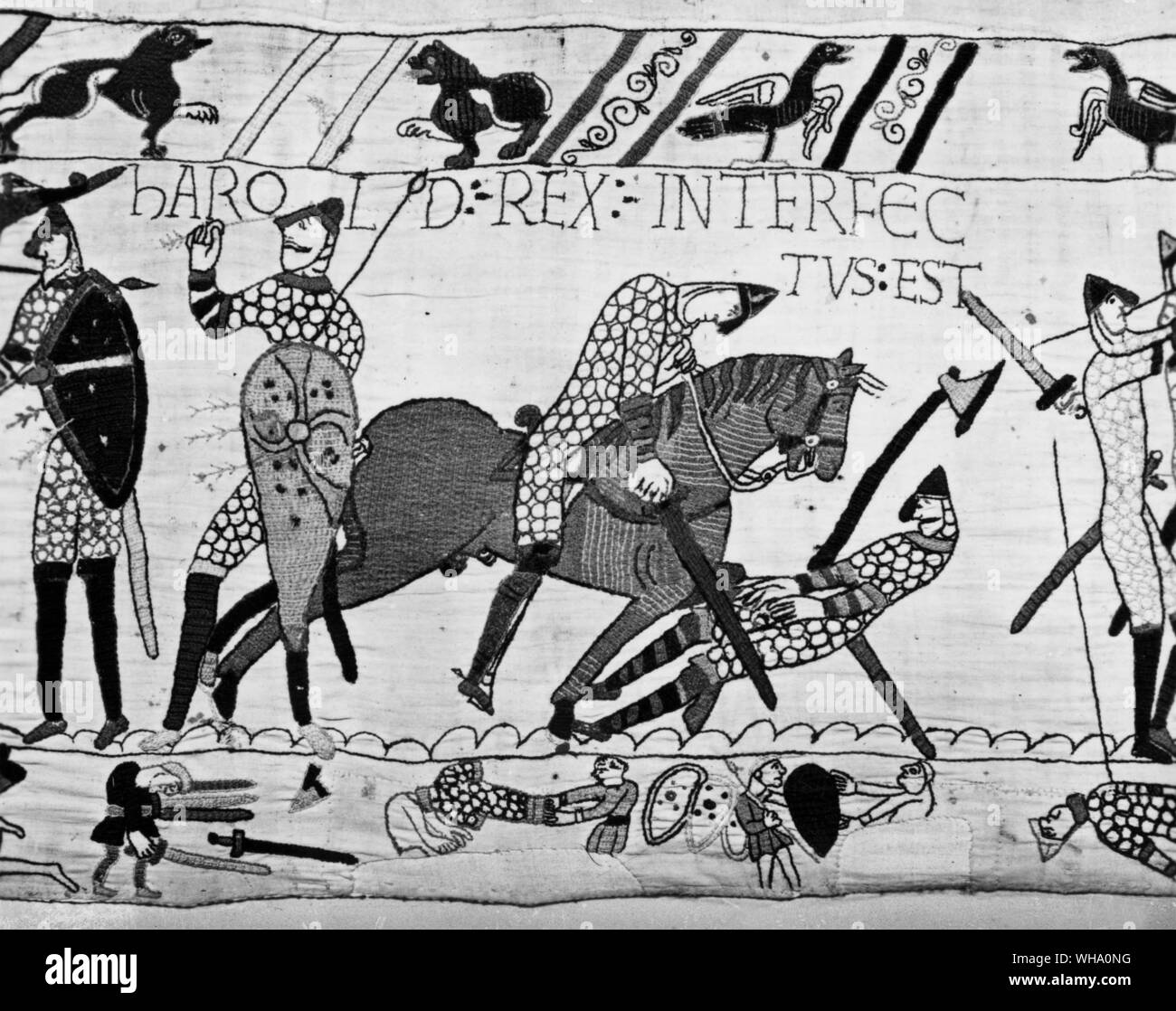 Harold is struck down and killed by a Norman soldier. Bayeux Tapestry, France. Stock Photo