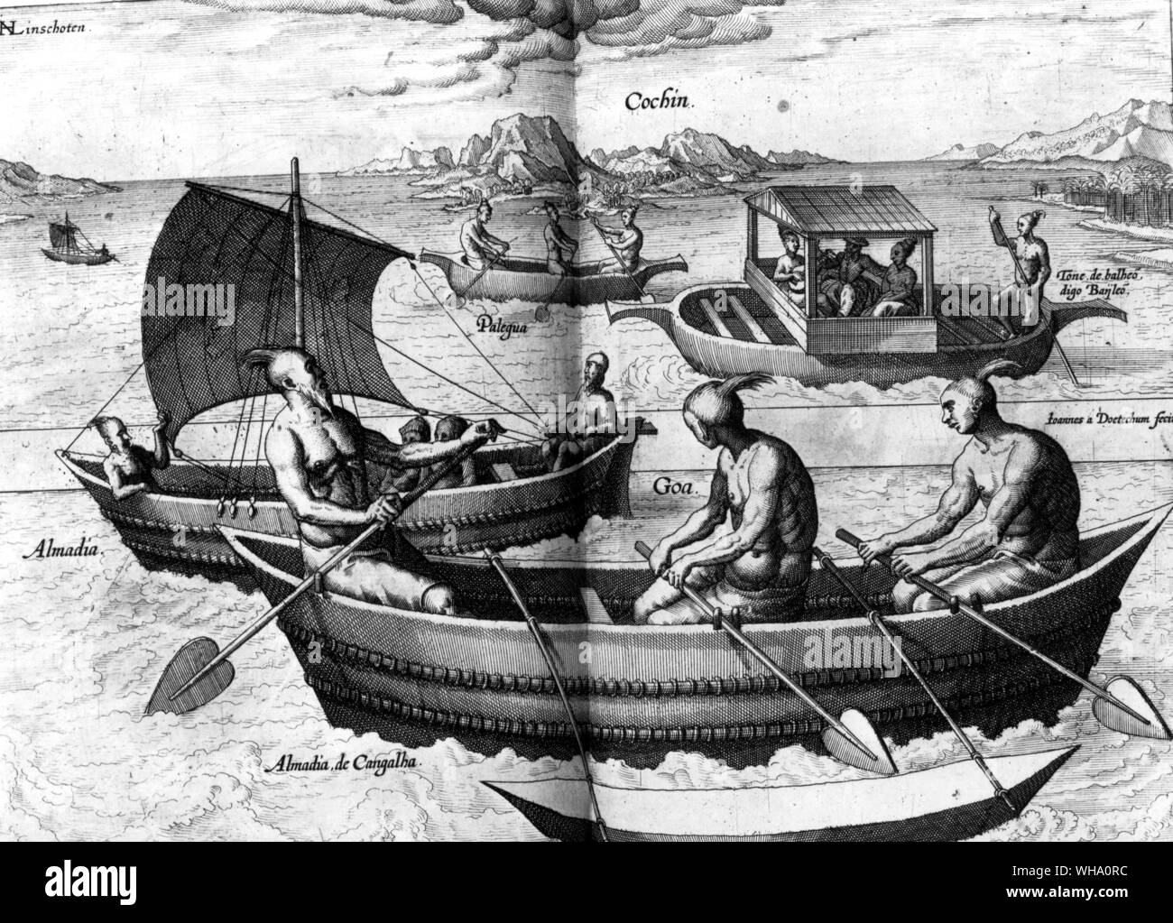 In Goa and Cochin the Portuguese established a trading system using native craft: two types of vessel are illustrated and named Stock Photo